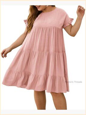 Plus Size Swing Dress with Ruffle Short Sleeves Crewneck Color Block Loose